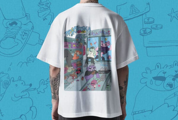 Fotografía de una camiseta blanca con una ilustración digital para diseños de camisas con personajes coloridos y fantásticos en un supermercado.