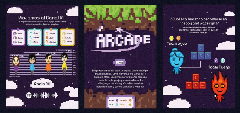 ilustracion-digital-cultura-gamer Diseño de piezas para redes sociales de infografía digital con personajes Mii ilustrados en pixel art para la sección 'Viajamos al Canal Mii' y diseños pixel art