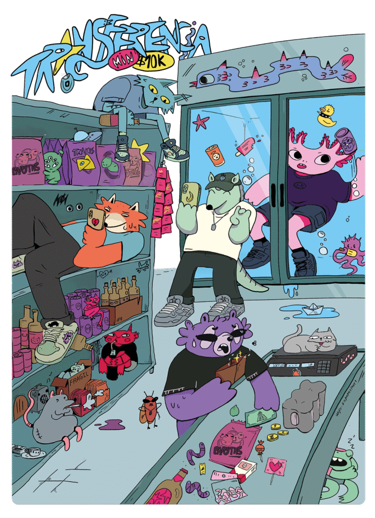 ilustracion-digital-tienda-personajes-cartoon diseños para camiseta de Ilustración digital colorida de una tienda llena de personajes fantásticos con temática de supermercado. Obra de ilustración digital para proyectos creativos