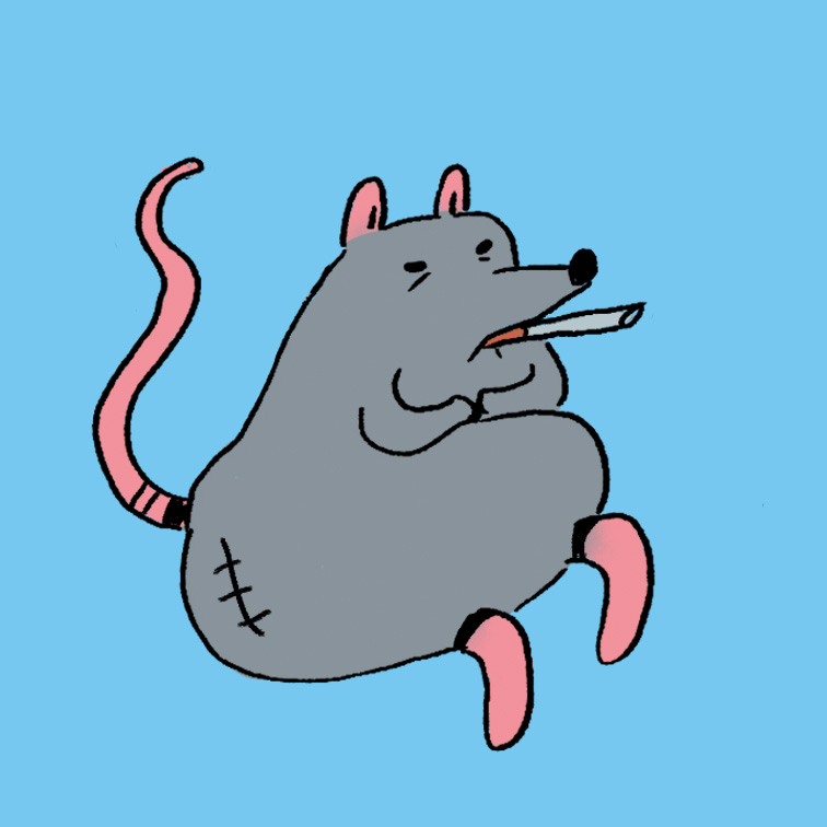 ilustracion-personaje-raton Ilustración digital en estilo cartoon de personaje de rata gris sentada